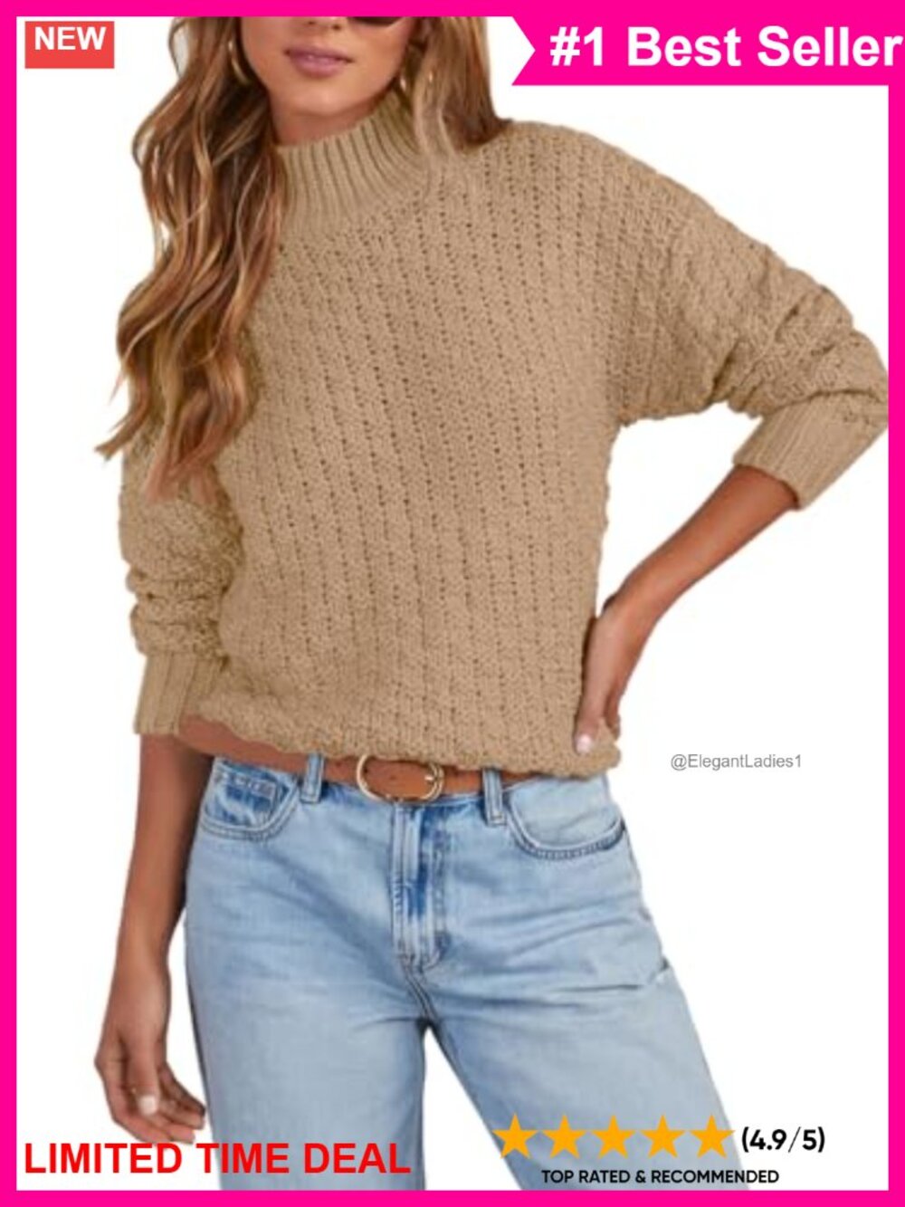 Women's Textured Mock Neck Knit Sweater Long Sleeve Chunky Pullover